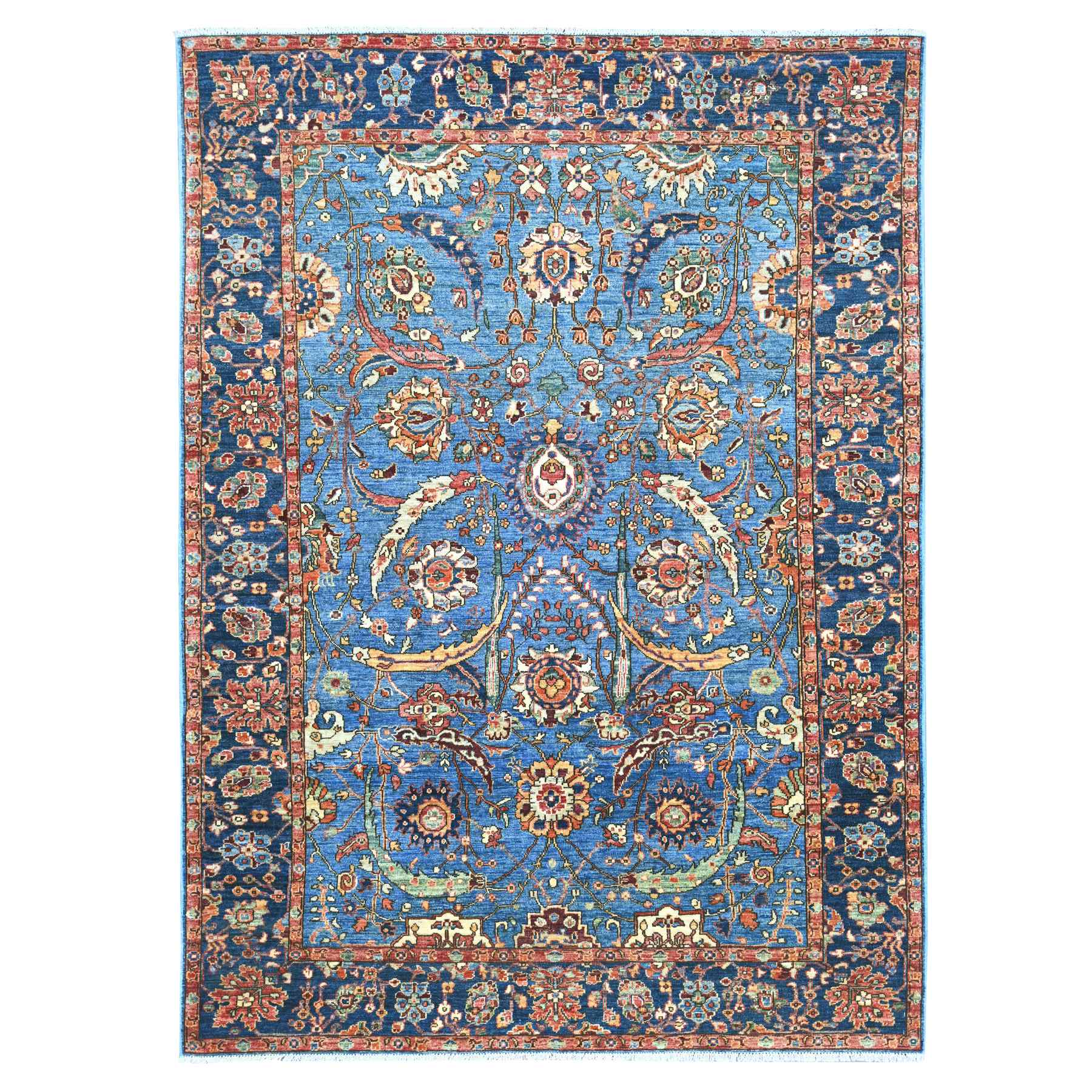 6'4"x8'8" Imperial Blue, Aryana Collection, Sickle Leaf Design, Vegetable Dyes, Pure Wool, Hand Knotted, Soft Pile, Densely Woven, Oriental Rug 